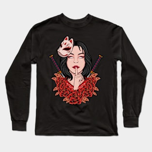 JAPANESE WOMEN GIRL WITH FLOWER ILLUSTRATION Long Sleeve T-Shirt